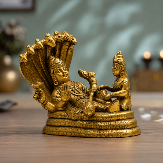 Lord Vishnu Resting on Sheshnag with Goddess Lakshmi Idol | Antique Golden Brass Finish