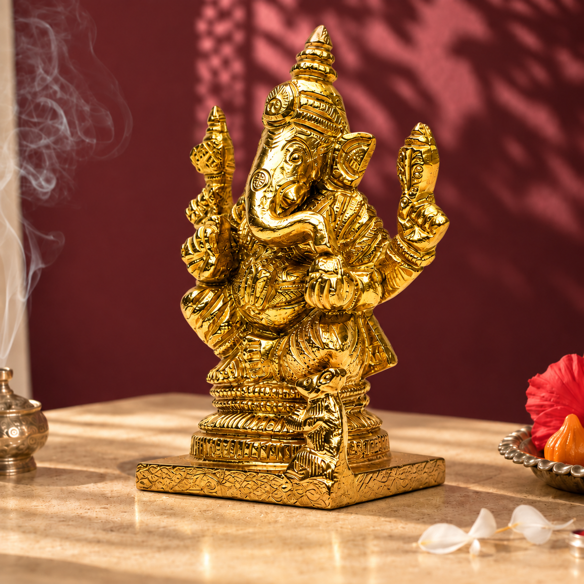 Lord Ganesha Idol with Mouse | Antique Golden Brass Finish