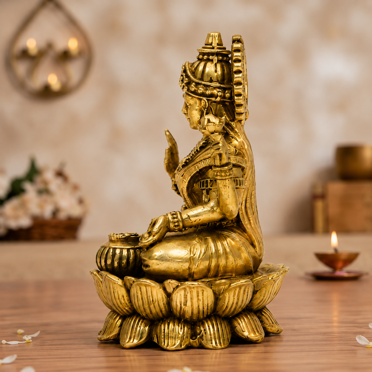 Goddess Lakshmi Seated on Lotus Idol | Antique Golden Brass Finish