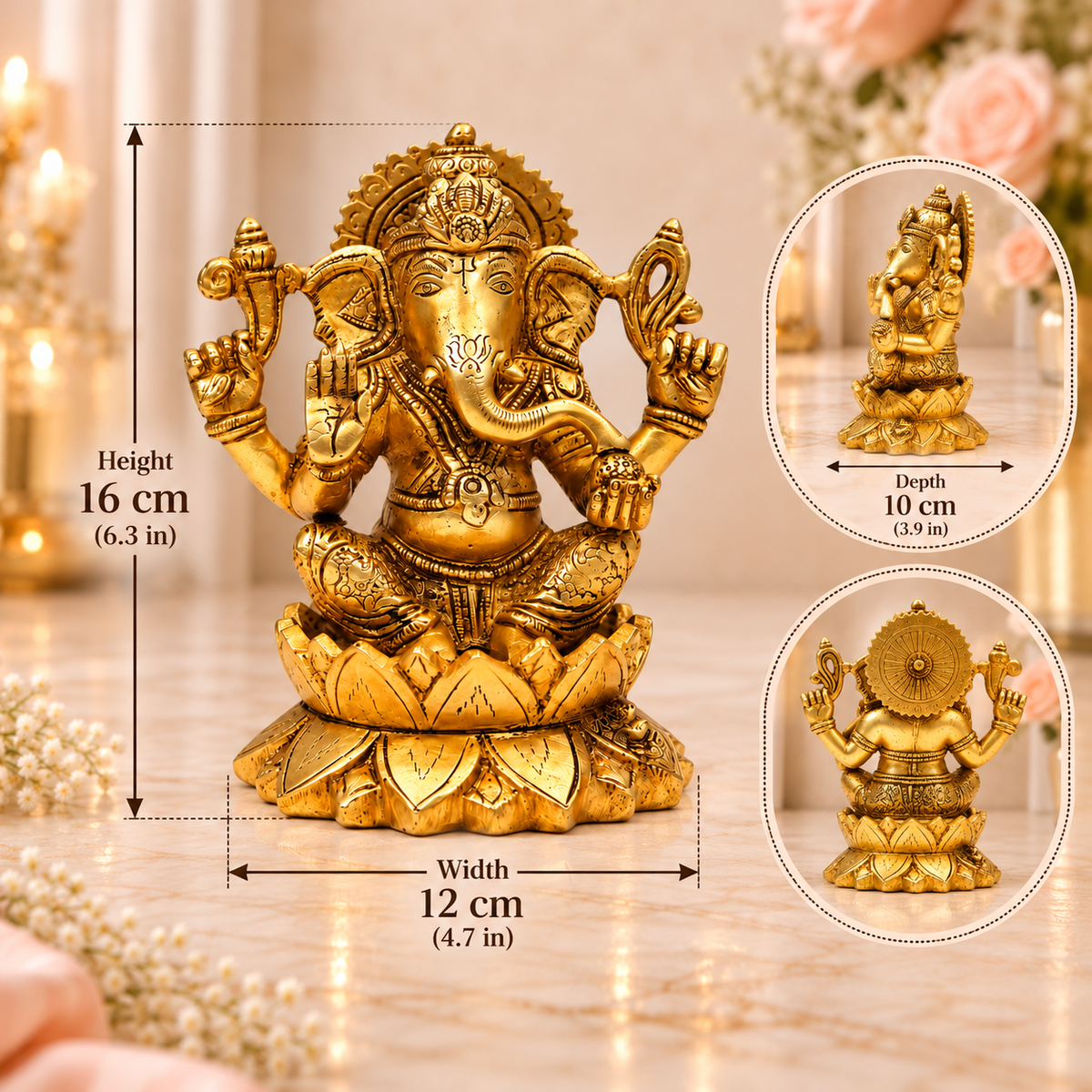 Antique Gold Lord Ganesha Statue on Lotus Pedestal | Traditional Spiritual Décor