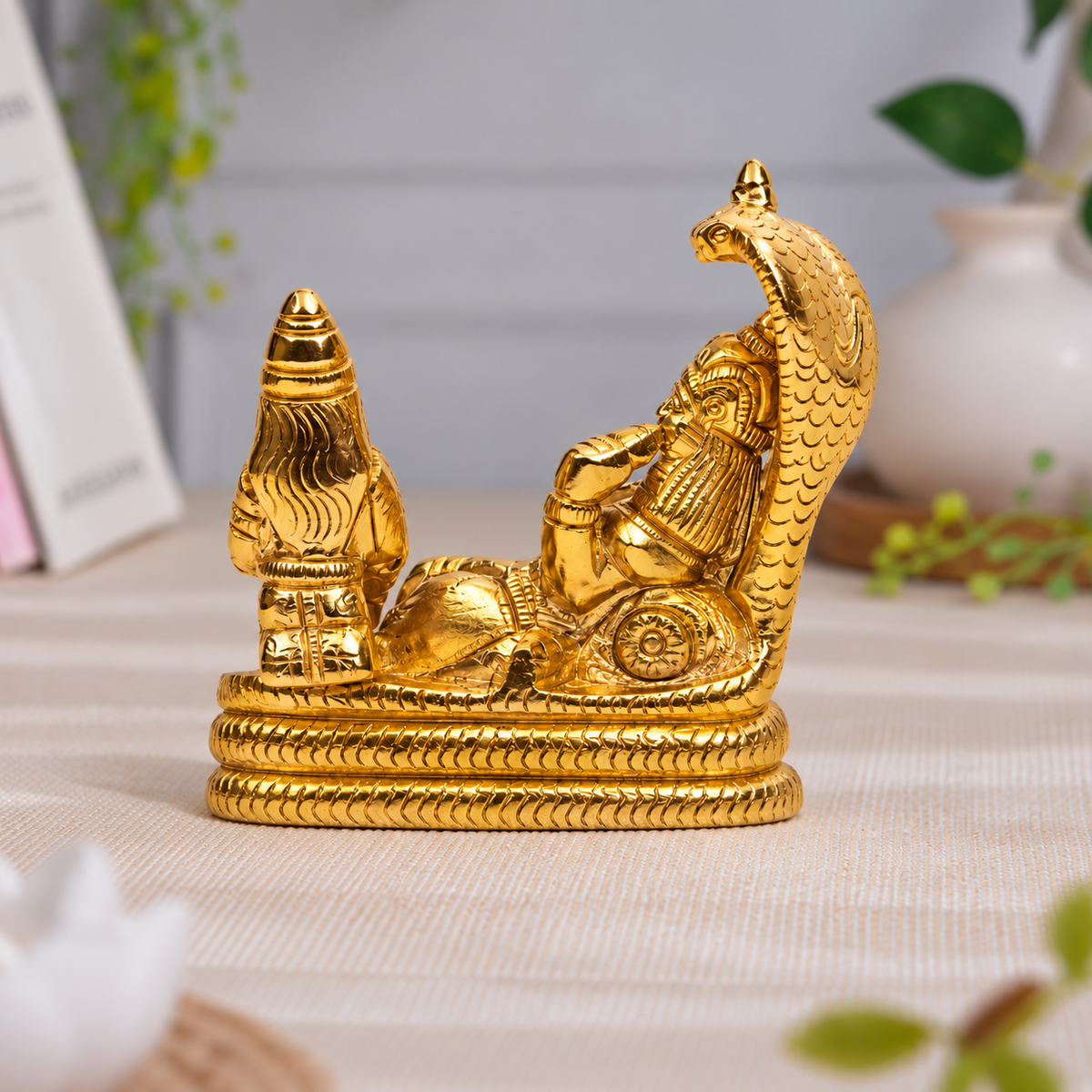 Lord Vishnu Reclining on Sheshnag with Goddess Lakshmi Idol | Polished Golden Brass Finish