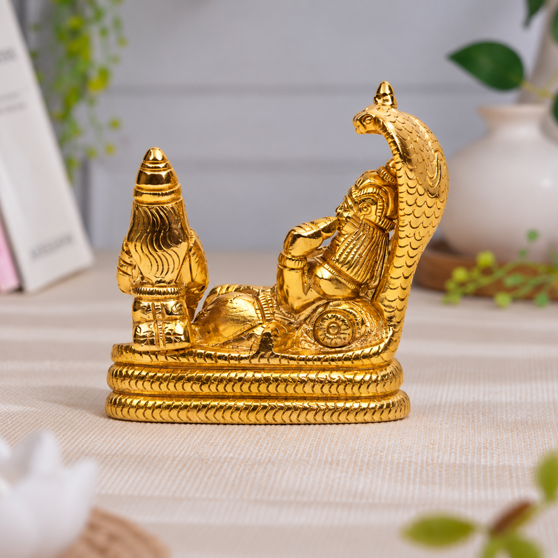 Lord Vishnu Reclining on Sheshnag with Goddess Lakshmi Idol | Polished Golden Brass Finish