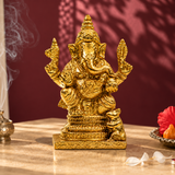 Lord Ganesha Idol with Mouse | Antique Golden Brass Finish