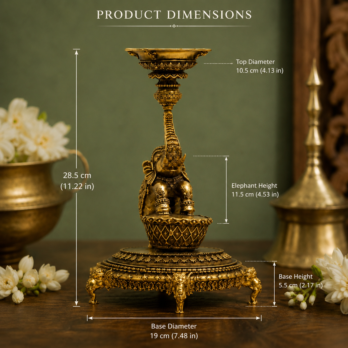 Decorative Elephant Diya Stand with Dual Bowls | Antique Golden Brass Finish