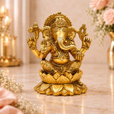 Antique Gold Lord Ganesha Statue on Lotus Pedestal | Traditional Spiritual Décor