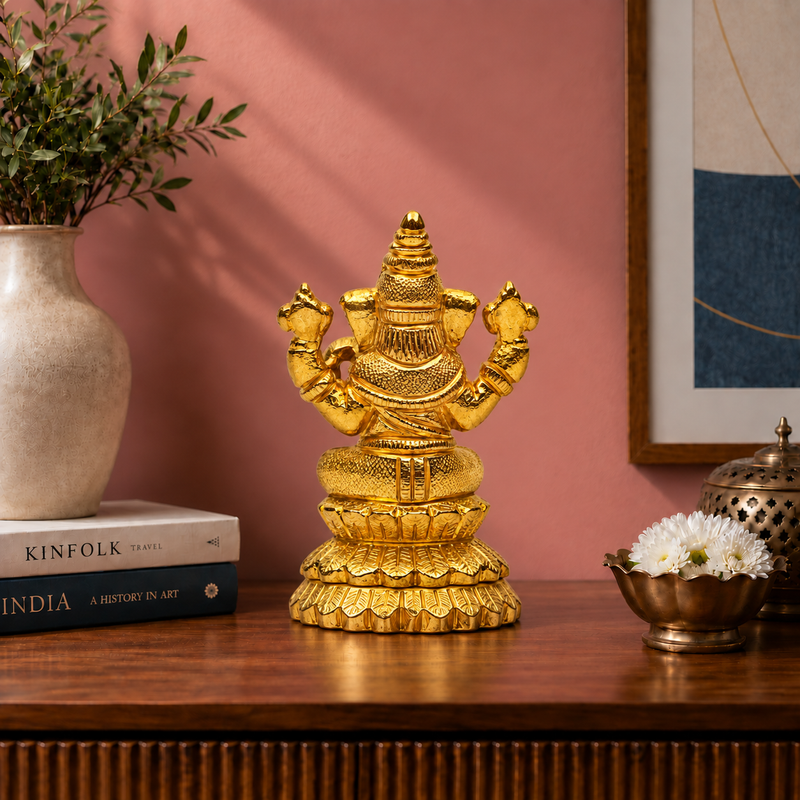 Lord Ganesha Sitting on Lotus Showpiece | Polished Brass Finish