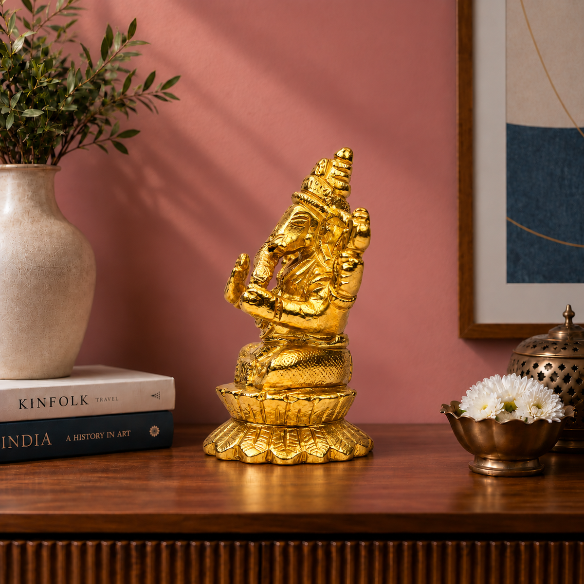 Lord Ganesha Sitting on Lotus Showpiece | Polished Brass Finish