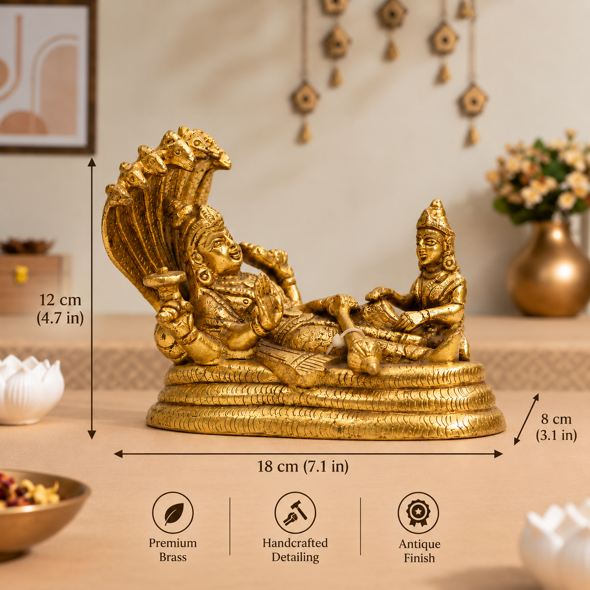 Lord Vishnu Reclining on Sheshnag with Goddess Lakshmi Idol | Antique Golden Brass Finish