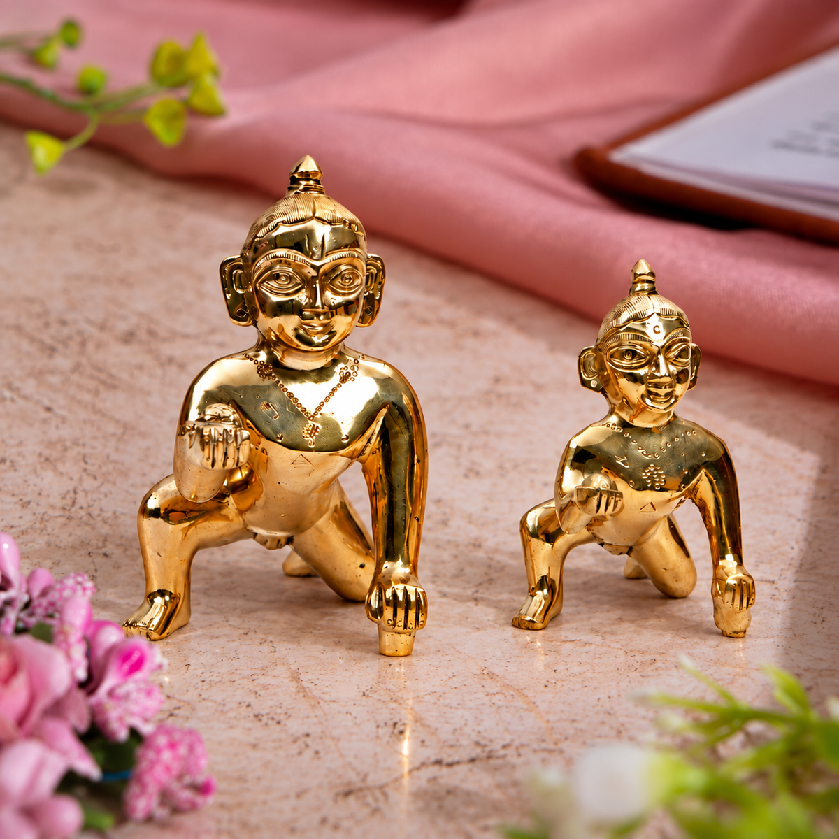 Set of 2 Bal Krishna Crawling Idols | Polished Golden Brass Finish