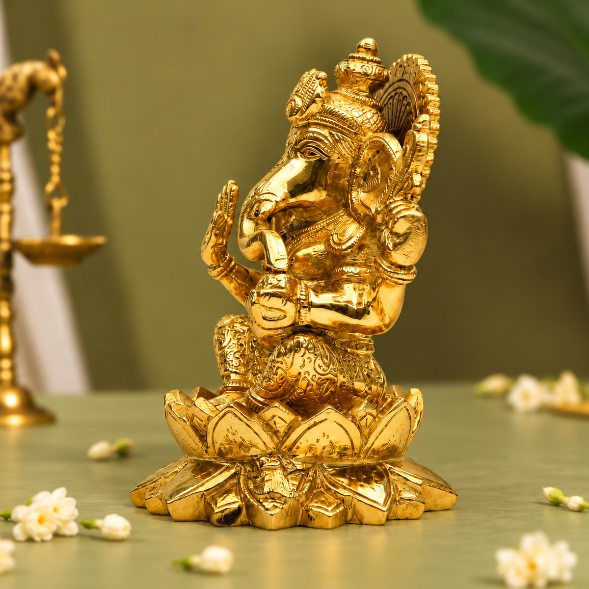 Lord Ganesha Seated on Lotus| Antique Golden Brass Finish