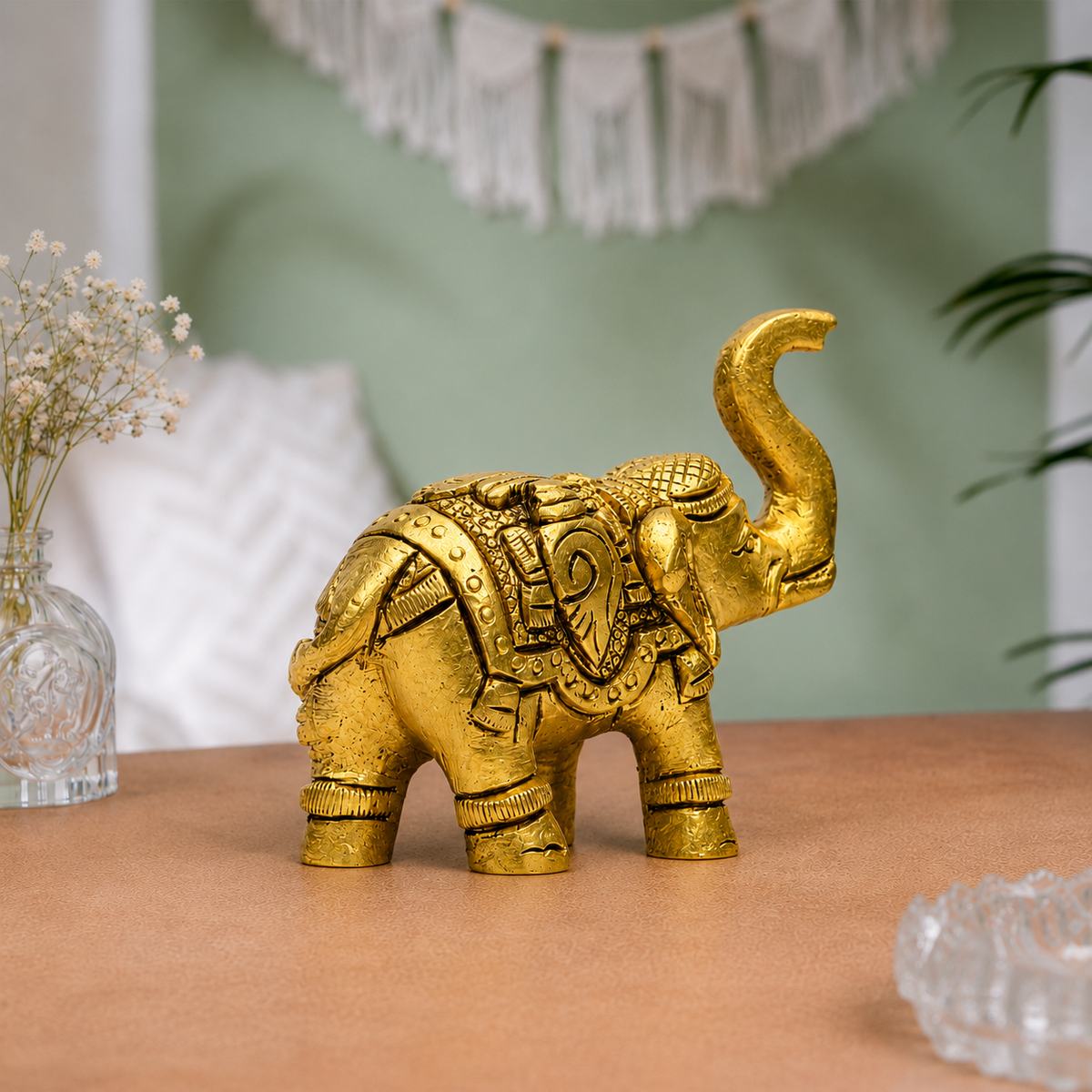 Decorative Elephant with Raised Trunk Showpiece | Polished Golden Brass Finish