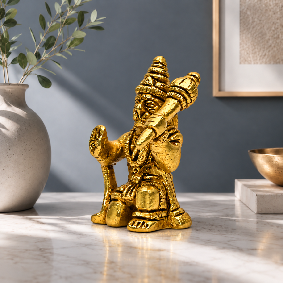 Lord Hanuman Kneeling with Gada Showpiece | Polished Brass Finish