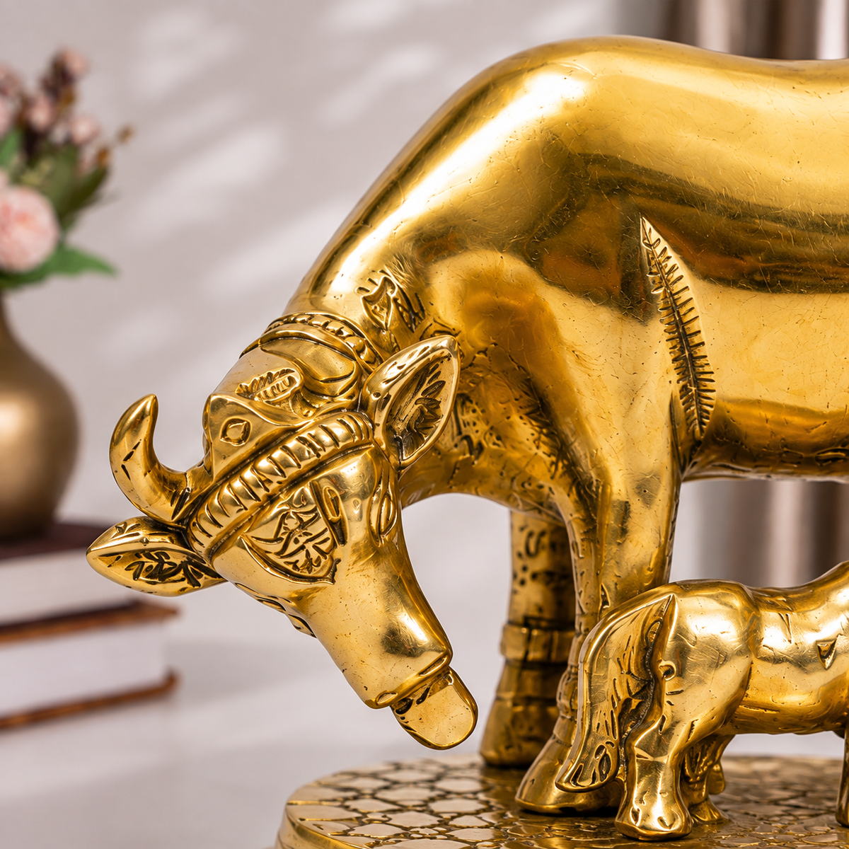 Gau Mata Feeding Calf Idol | Polished Golden Brass Finish