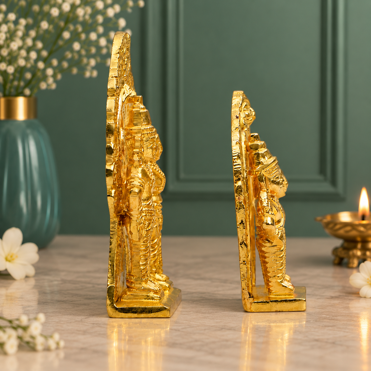 Set of 2 Lord Vitthal and Goddess Rukmini Idols with Decorative Arch | Polished Golden Brass Finish