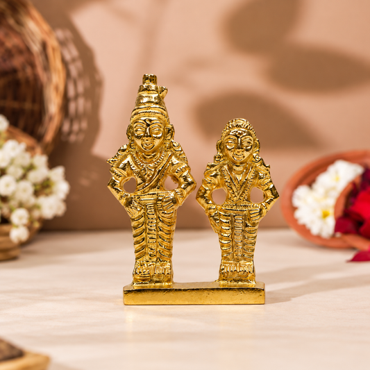 Lord Vitthal and Goddess Rukmini Idol | Polished Golden Brass Finish
