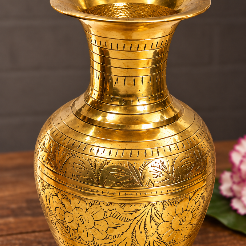Engraved Decorative Brass Kalash / Vase | Polished Golden Brass Finish
