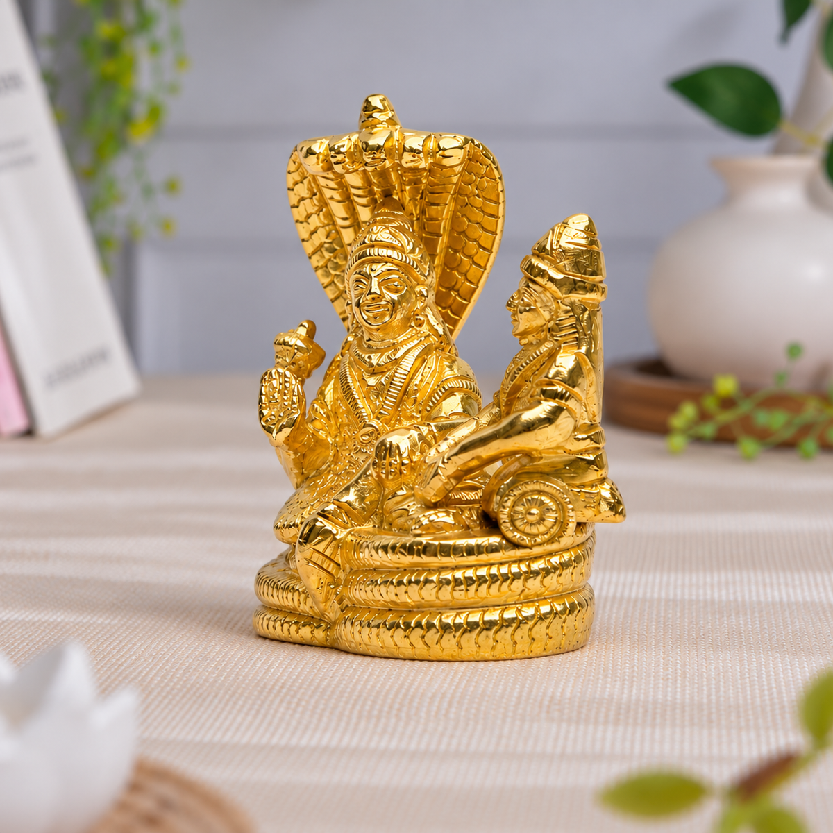 Lord Vishnu Reclining on Sheshnag with Goddess Lakshmi Idol | Polished Golden Brass Finish