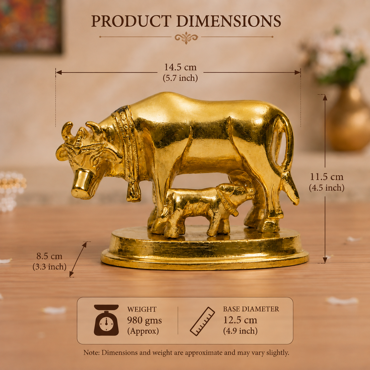 Gau Mata with Nursing Calf Idol | Polished Golden Brass Finish