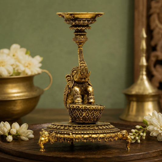 Decorative Elephant Diya Stand with Dual Bowls | Antique Golden Brass Finish