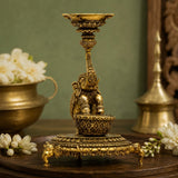 Decorative Elephant Diya Stand with Dual Bowls | Antique Golden Brass Finish