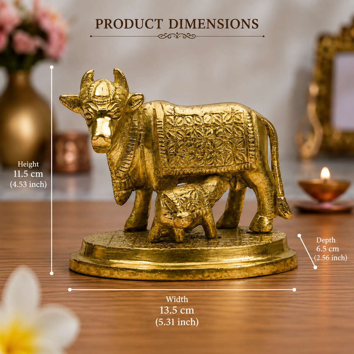 Kamadhenu Detailed WorkCow and Calf Showpiece | Polished Brass Finish