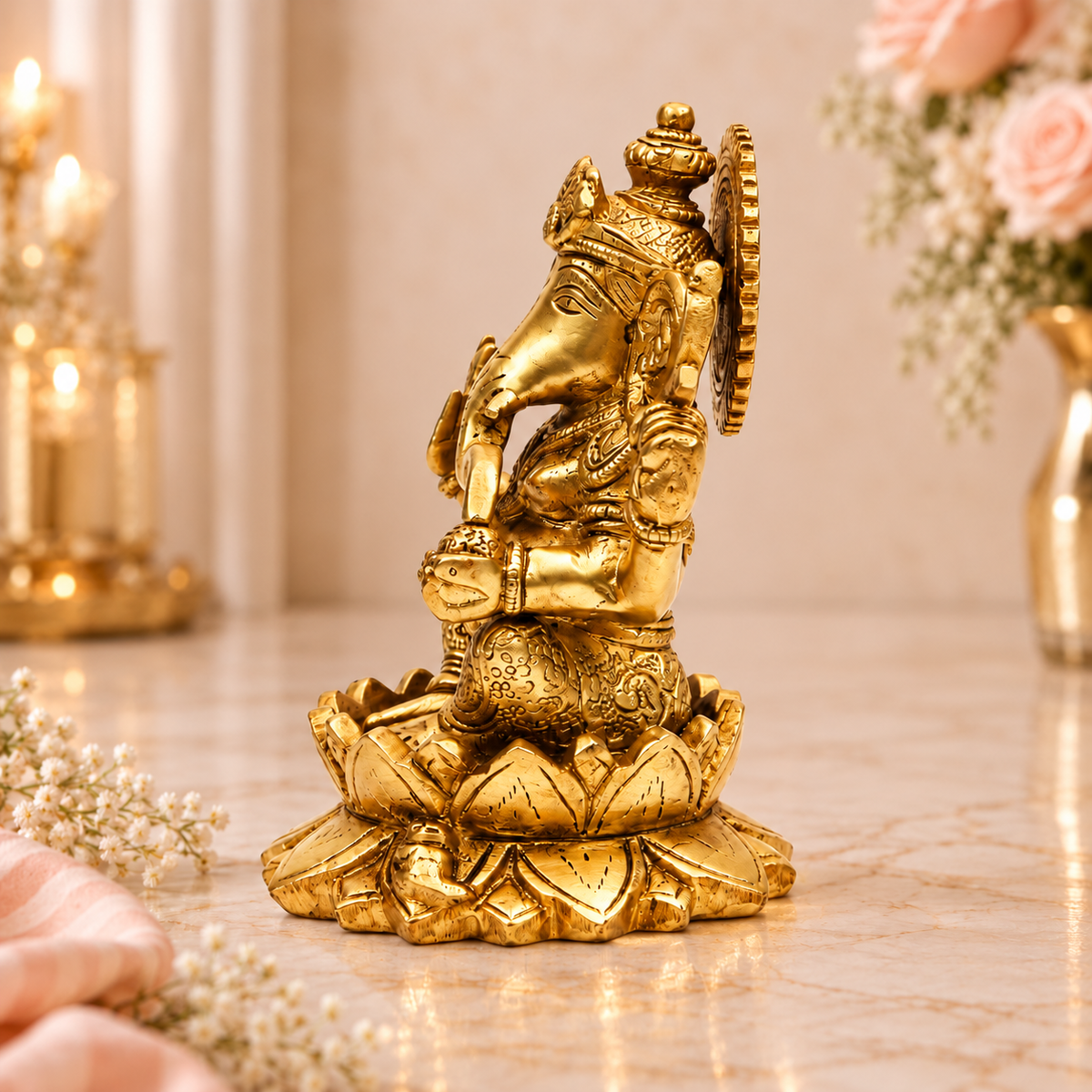 Antique Gold Lord Ganesha Statue on Lotus Pedestal | Traditional Spiritual Décor
