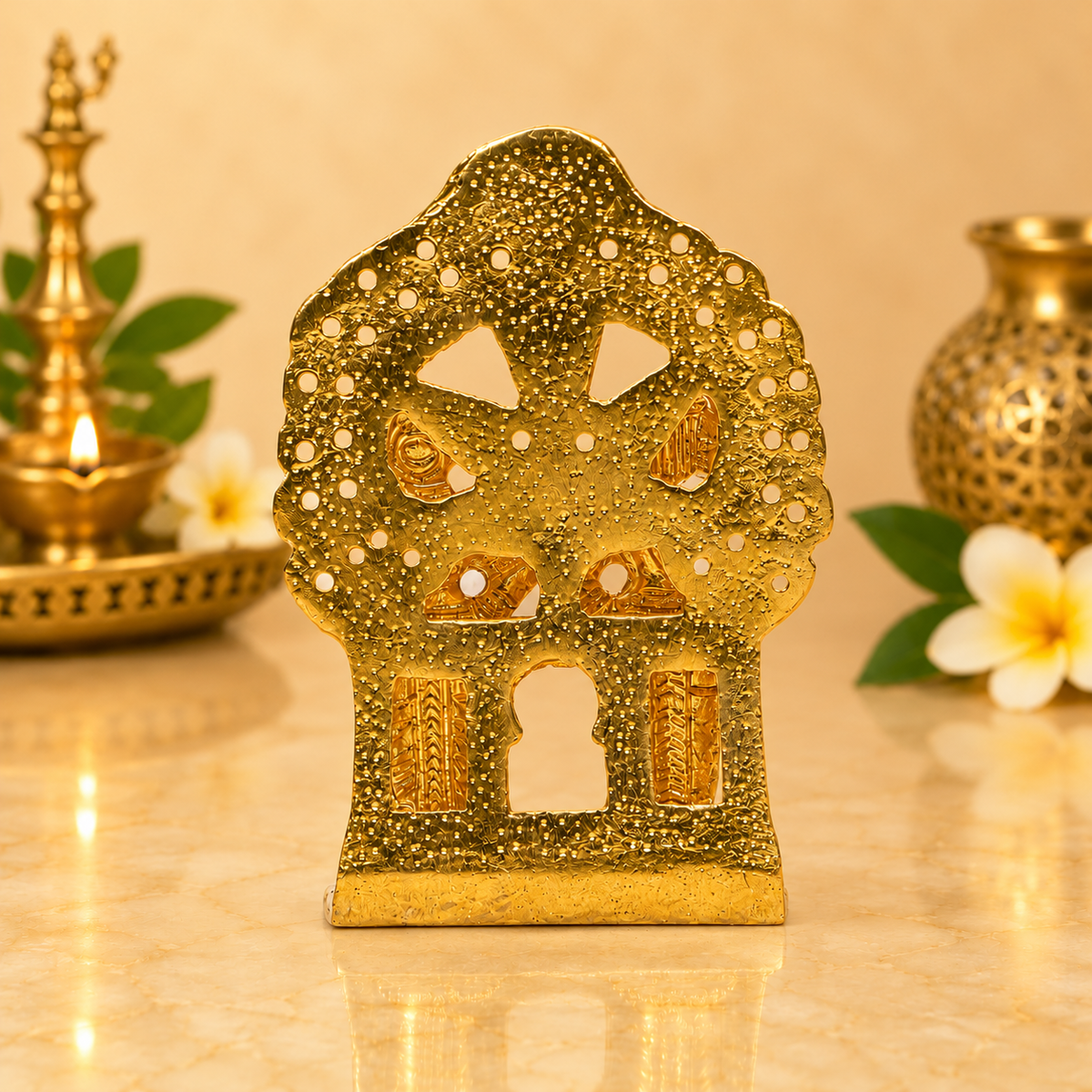 Lord Vitthal and Goddess Rukmini Idol with Decorative Arch | Polished Golden Brass Finish