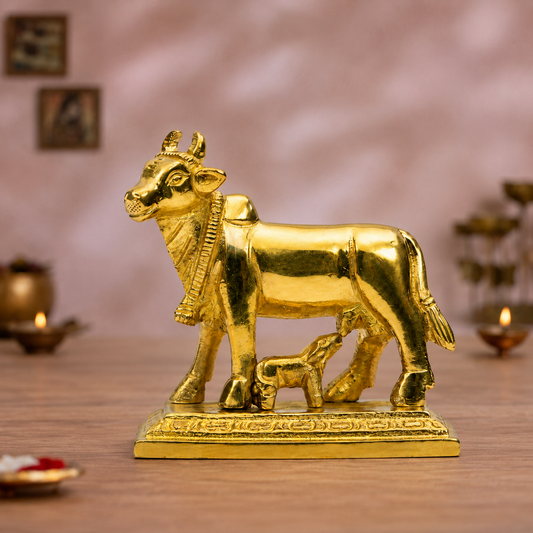 Kamadhenu Cow and Calf Showpiece | Polished Brass Finish