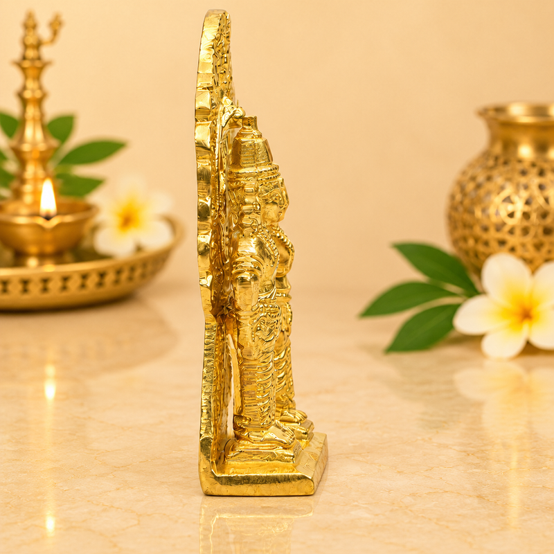 Lord Vitthal and Goddess Rukmini Idol with Decorative Arch | Polished Golden Brass Finish
