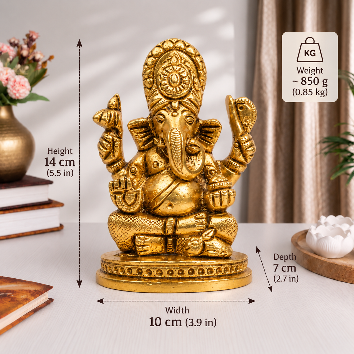 Lord Ganesha Seated Idol | Antique Golden Brass Finish