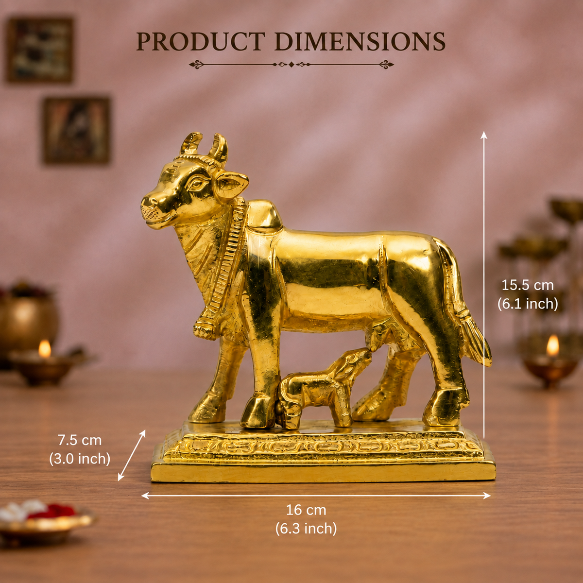 Kamadhenu Cow and Calf Showpiece | Polished Brass Finish