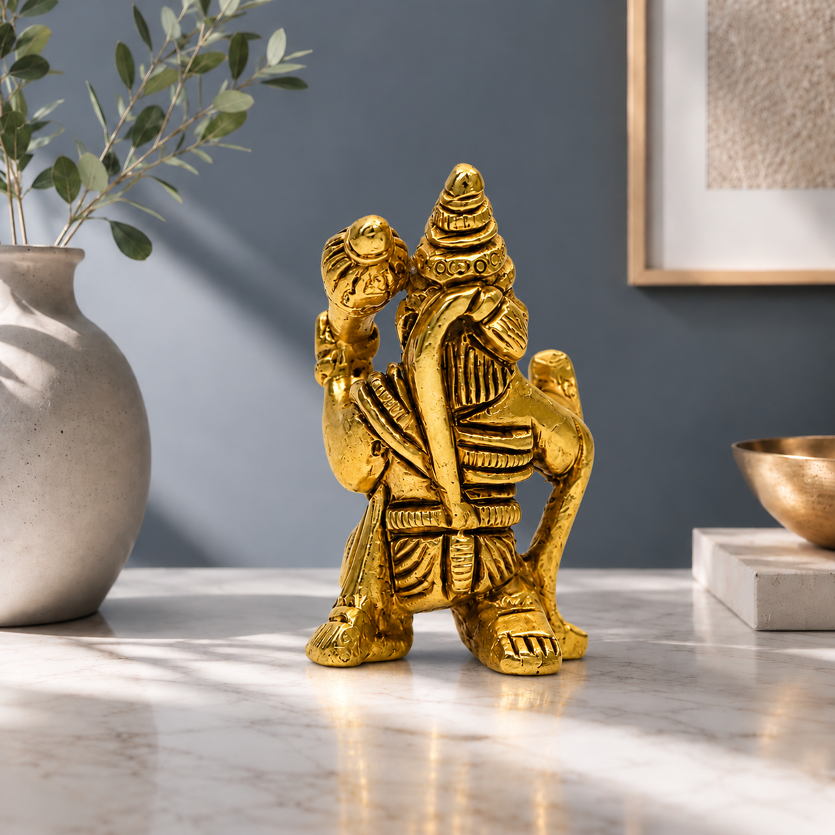 Lord Hanuman Kneeling with Gada Showpiece | Polished Brass Finish