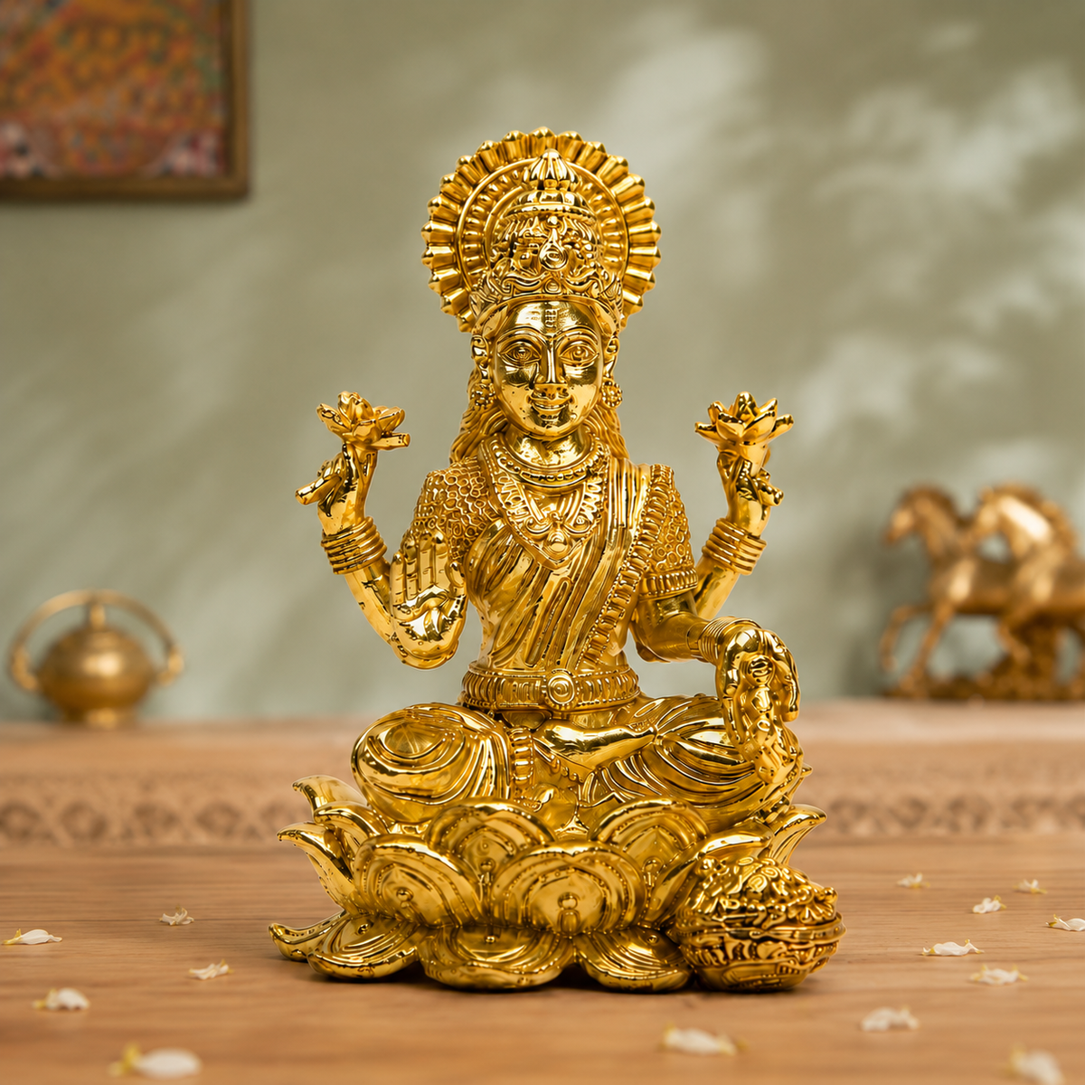 Goddess Lakshmi on Lotus with Wealth Kalash Idol | Antique Brass Finish