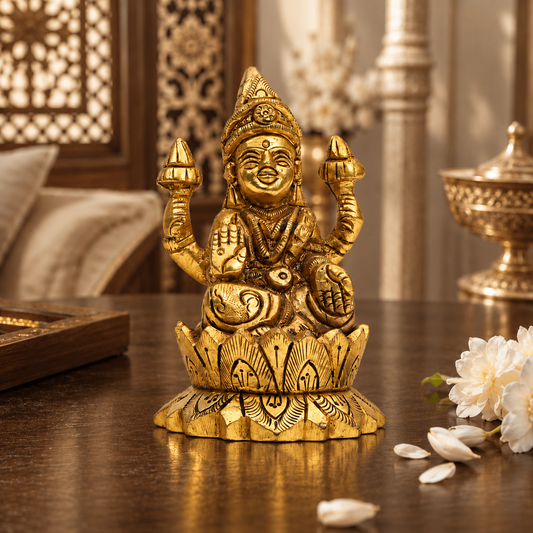 Goddess Lakshmi On Lotus Idol – 24K Gold & 999 Silver Plated