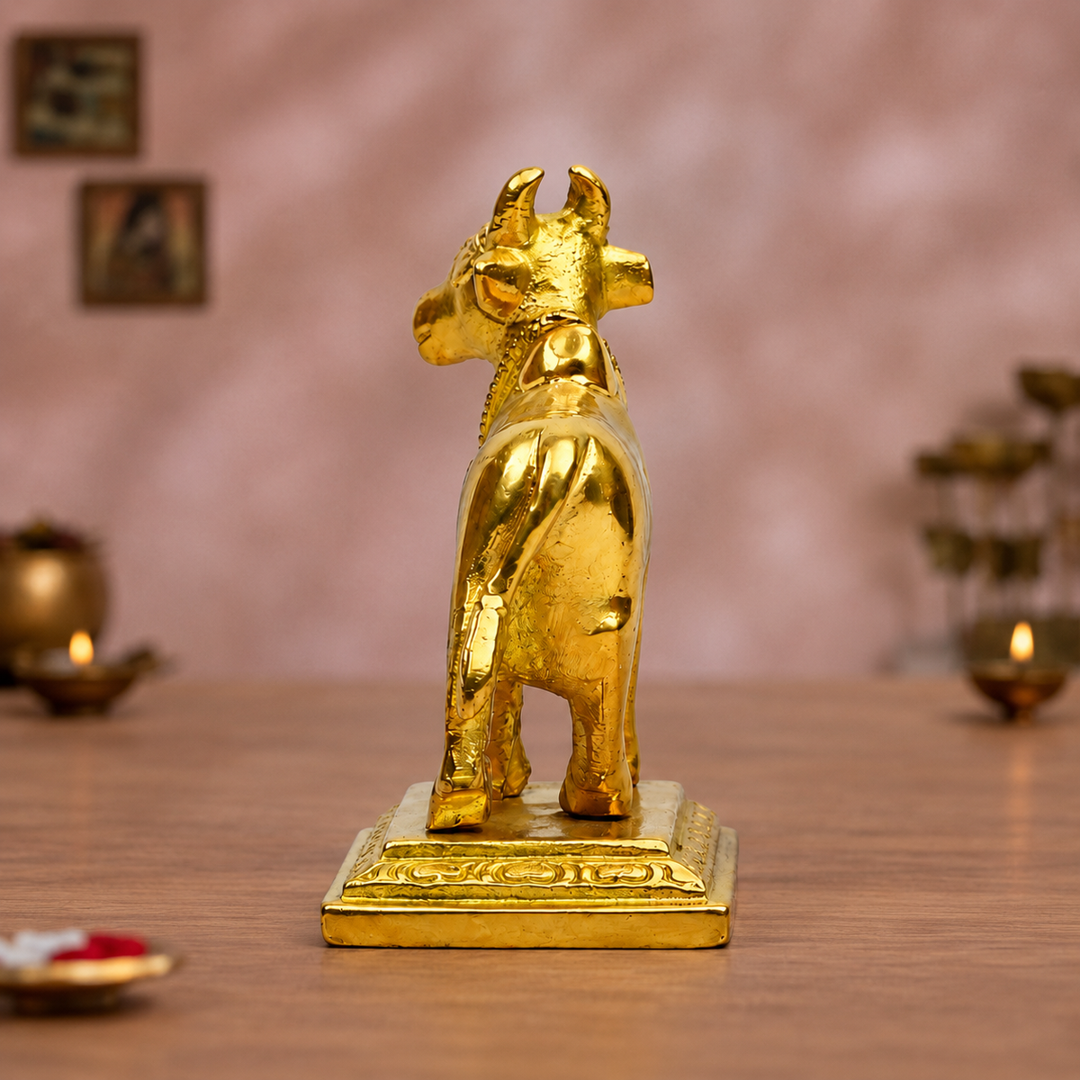 Kamadhenu Cow and Calf Showpiece | Polished Brass Finish
