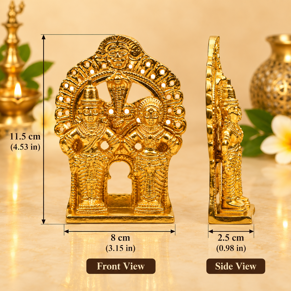 Lord Vitthal and Goddess Rukmini Idol with Decorative Arch | Polished Golden Brass Finish