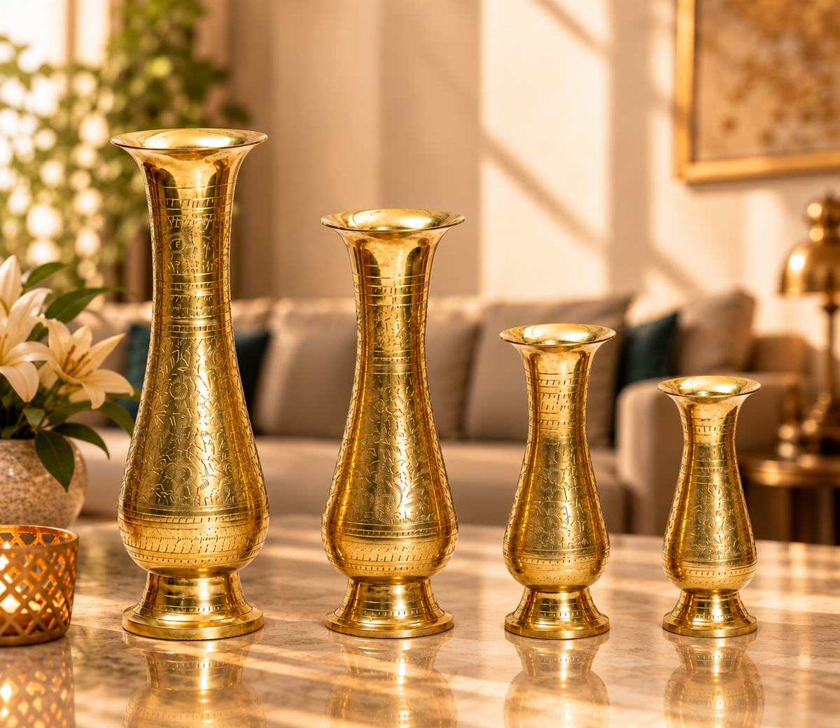 Engraved Long-Neck Brass Flower Vase Set of 4 | Antique Golden Finish
