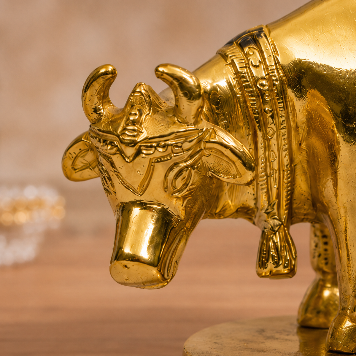 Gau Mata with Nursing Calf Idol | Polished Golden Brass Finish