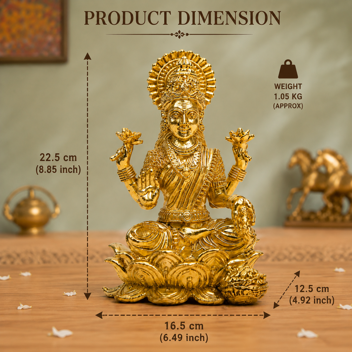 Goddess Lakshmi on Lotus with Wealth Kalash Idol | Antique Brass Finish