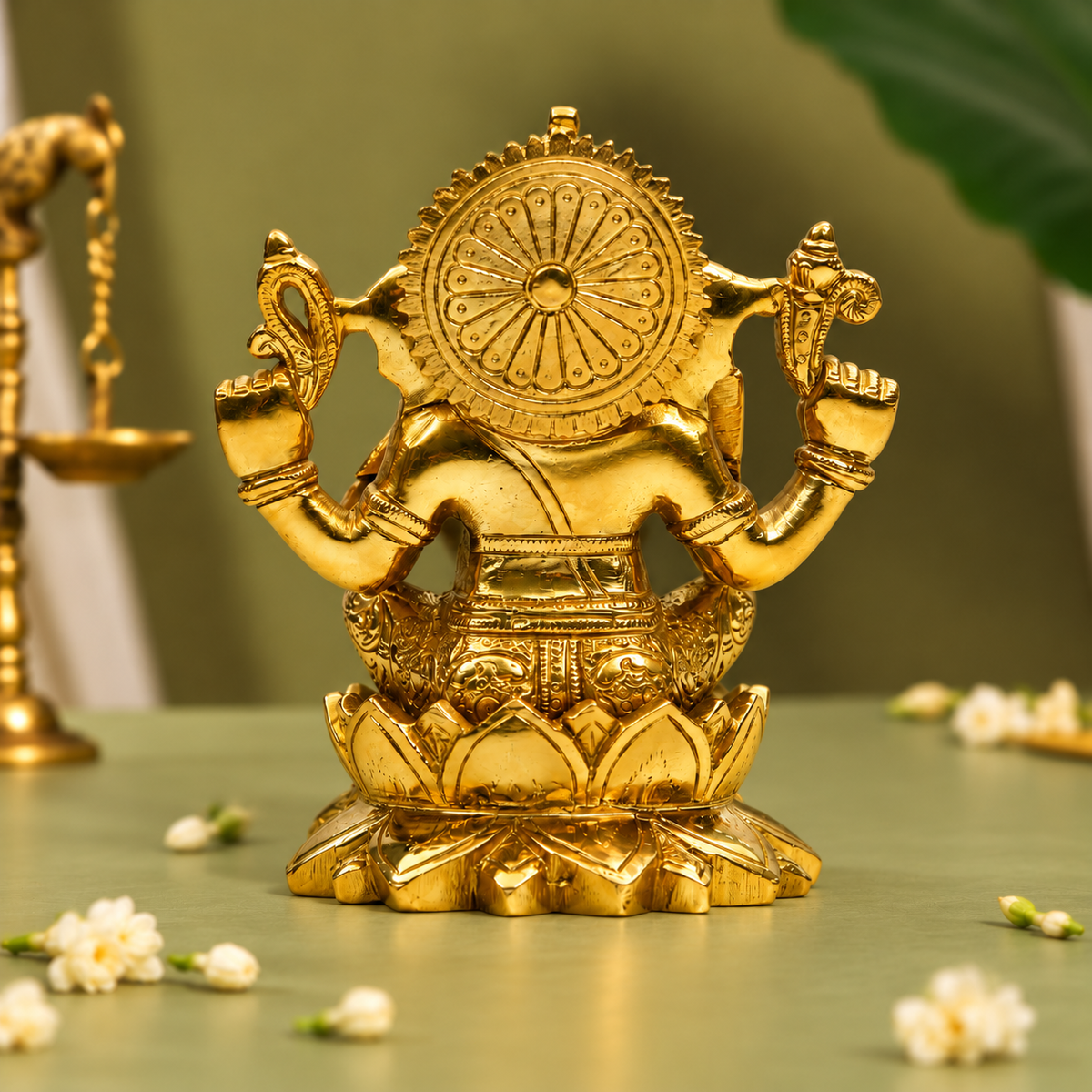 Lord Ganesha Seated on Lotus| Antique Golden Brass Finish