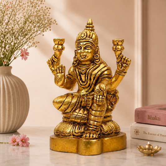 Goddess Lakshmi Seated on Lotus Idol | Antique Brass Finish