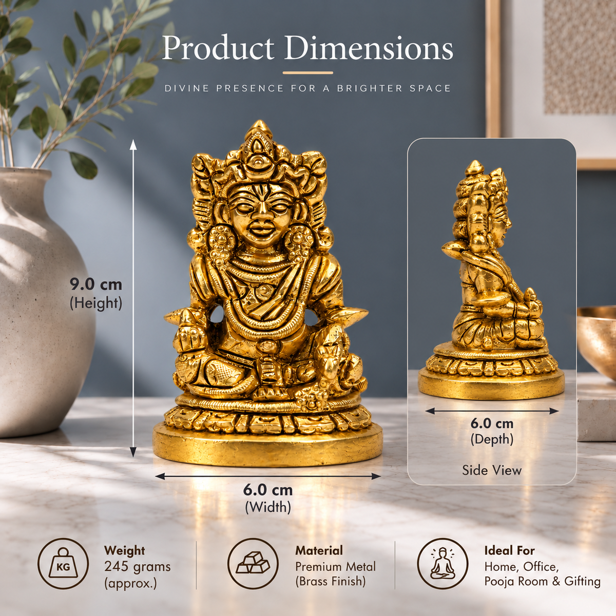 Lord Kubera Seated Idol | Polished Golden Brass Finish