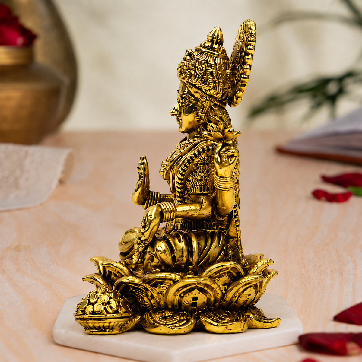 Goddess Lakshmi on Lotus with Kalash Idol | Antique Brass Finish