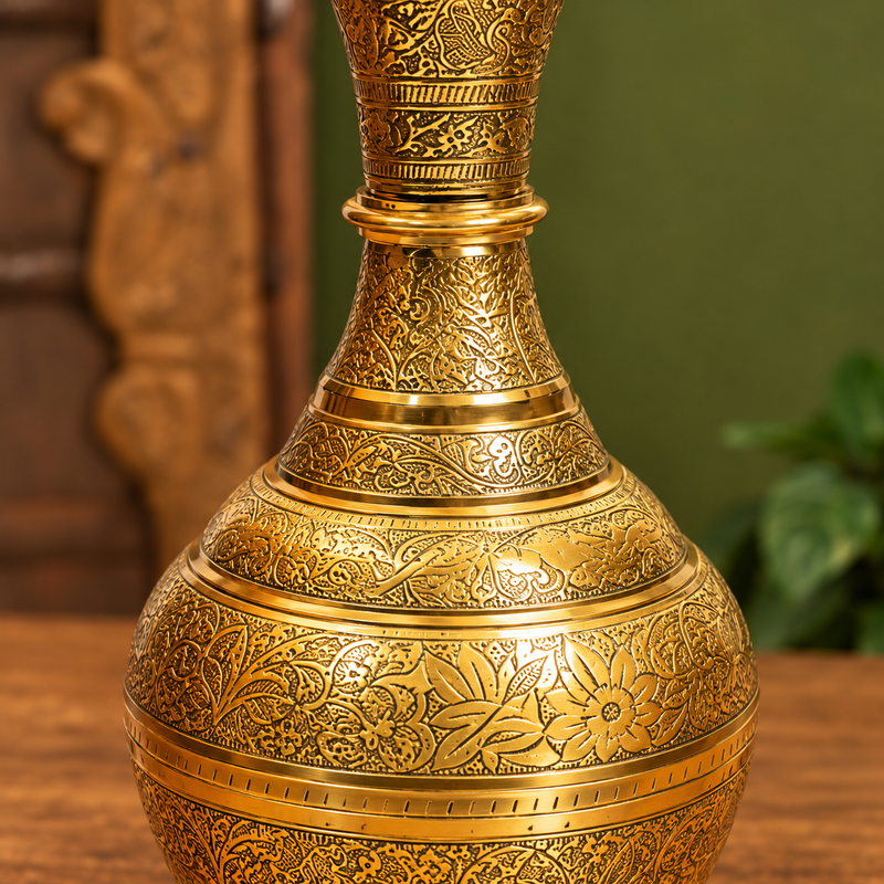 Traditional Long-Neck Engraved Brass Vase | Antique Golden Finish