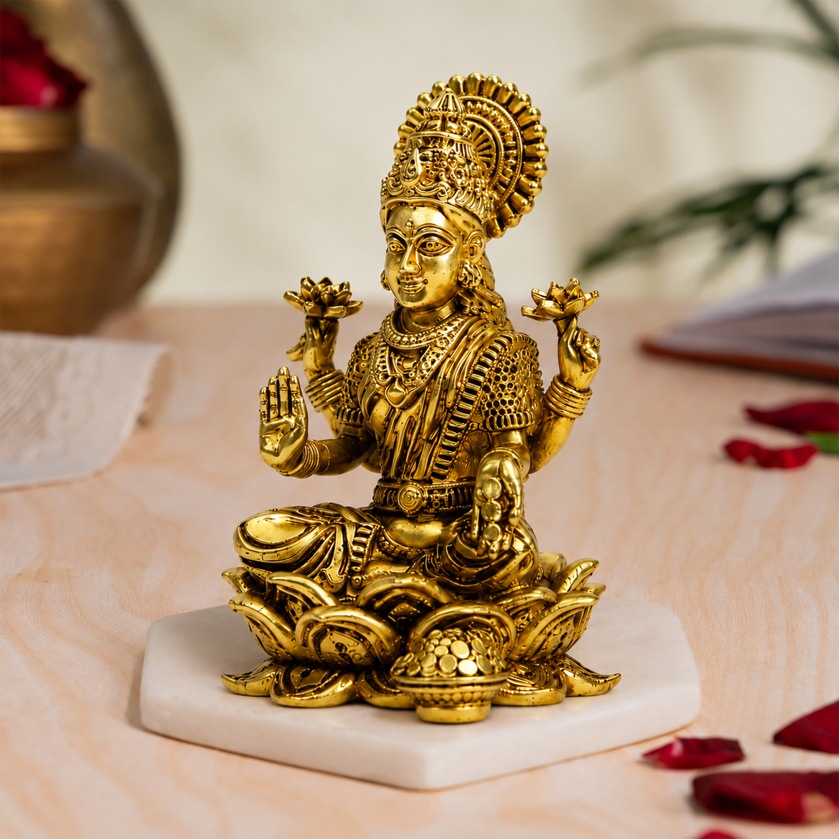 Goddess Lakshmi on Lotus with Kalash Idol | Antique Brass Finish