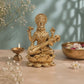 Goddess Saraswati Playing Veena on Lotus Idol | Antique Brass Finish
